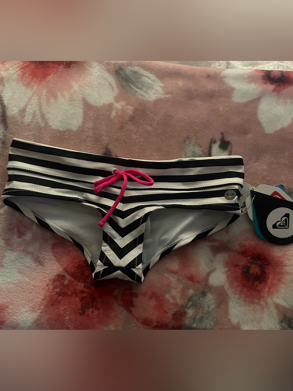 Roxy White and Black Striped Bikini Bottom with Pink Tie Accent